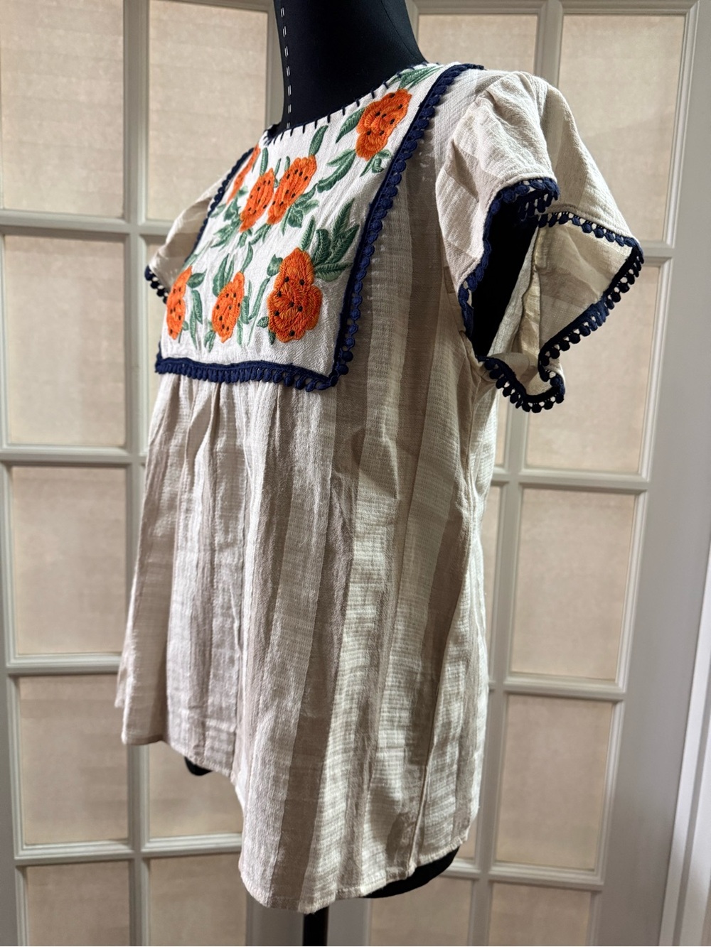 THML Cream Top with Orange Floral Embroidery and Navy Stitching - Picture 4 of 6